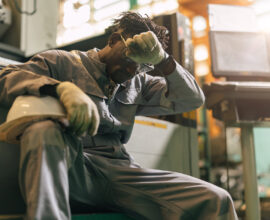 Exhausted industrial worker resting his head, illustrating workplace fatigue