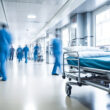 Hospital bed in a healthcare facility corridor