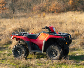 Red quad bike parked in a paddock
