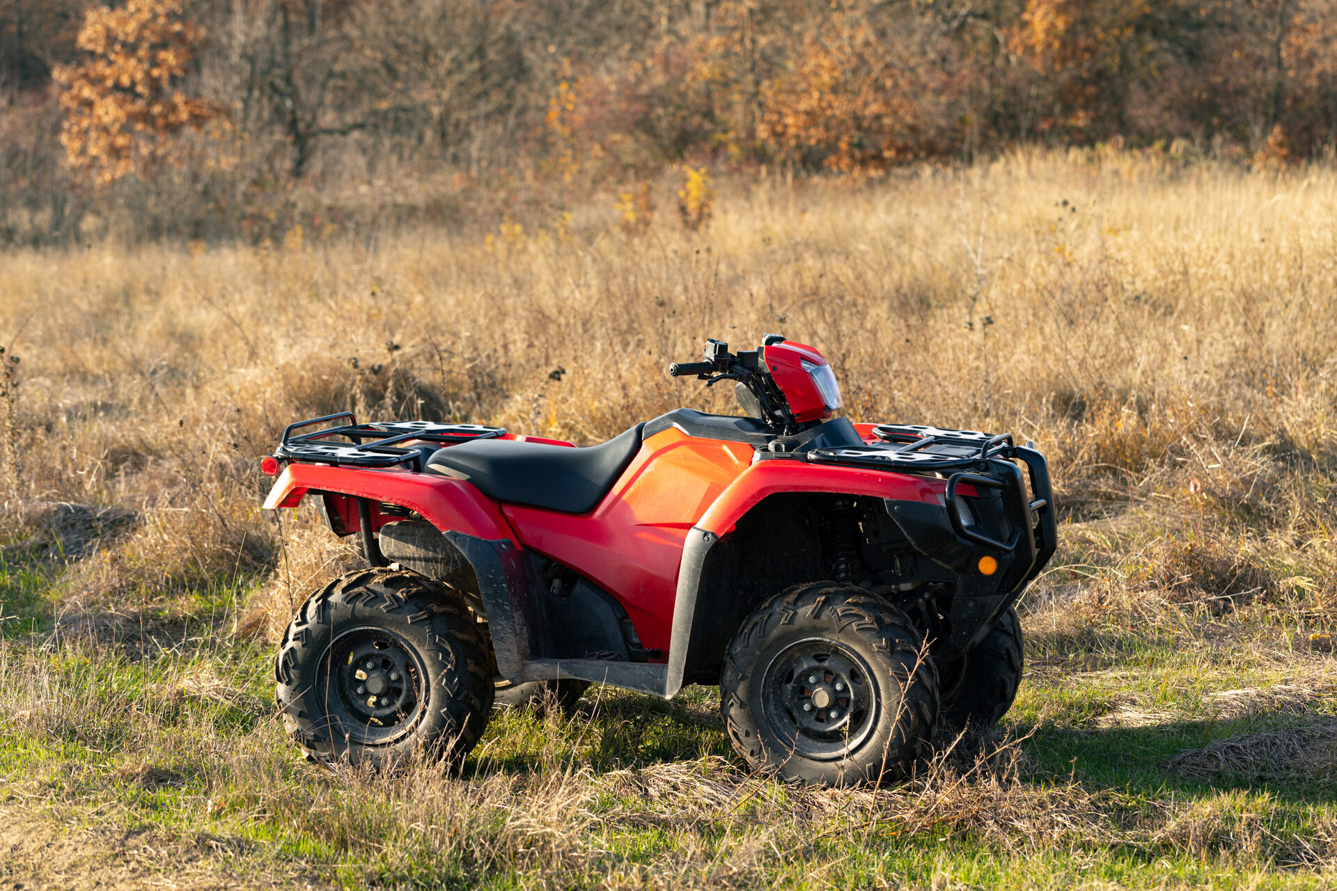Red quad bike parked in a paddock