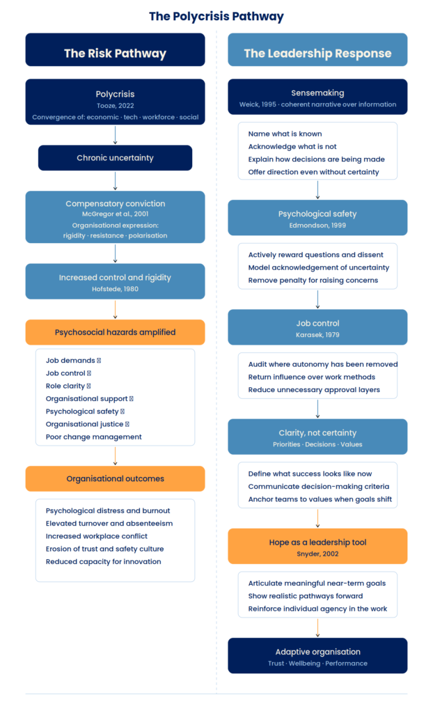 Polycrisis Pathway infographic illustrating the relationship between uncertainty and psychosocial risk