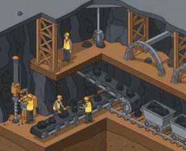 Underground mining operation with workers and machinery