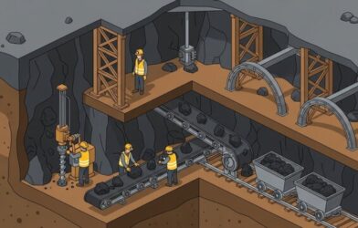Underground mining operation with workers and machinery