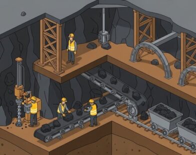 Underground mining operation with workers and machinery