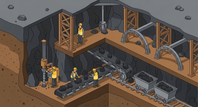 Underground mining operation with workers and machinery