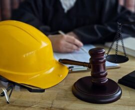 Courtroom setting with construction hat and gavel - workplace prosecution