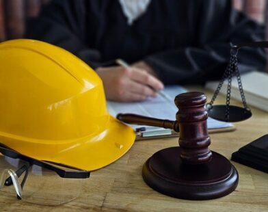 Courtroom setting with construction hat and gavel - workplace prosecution