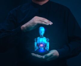 Human hands protecting AI robot hologram - responsible artificial intelligence