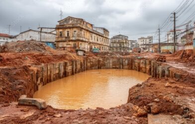 Workers at an urban excavation pit construction site