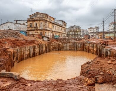 Workers at an urban excavation pit construction site
