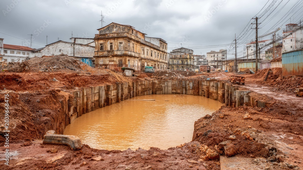 Workers at an urban excavation pit construction site