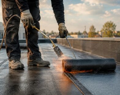 Construction worker applying waterproofing membrane at residential site