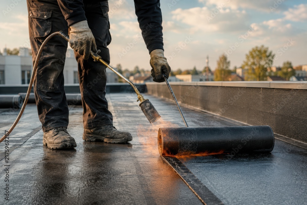 Construction worker applying waterproofing membrane at residential site
